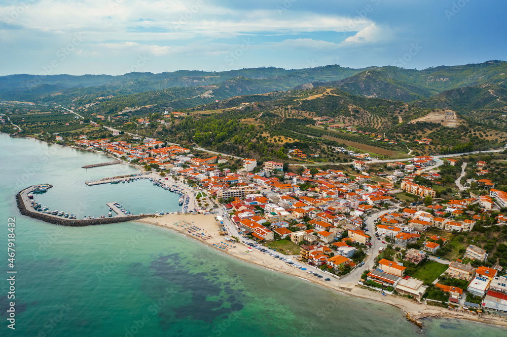 Typical greek village, beach, mountain. Halkidiki, Greece