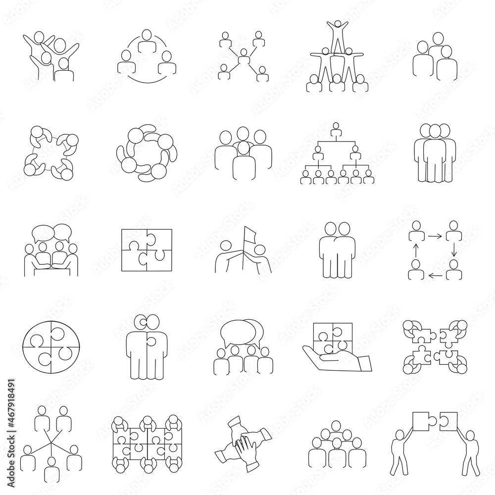 Teamwork icons set isolated on white background. Collection of thin line icons for web site, app and logo. Creative business concept, vector illustration Teamwork icons set isolated on white background. Collection of thin line icons for web site, app and logo. Creative business concept, vector illustration