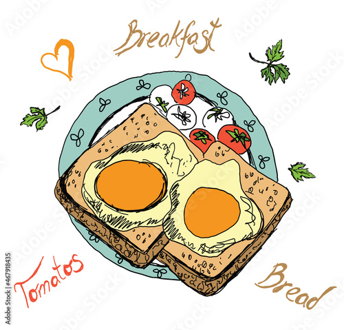 Tasty breakfast hand drawn colored vector illustration, wholemeal bread with fried eggs and small tomatos and parsley