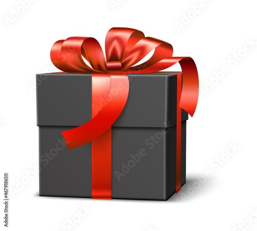 Black gift box side view. Realistic festive present wrap mockup, red ribbons with tied bow, elegant dark package, black friday sale, xmas or birthday luxury packaging. Vector 3d object