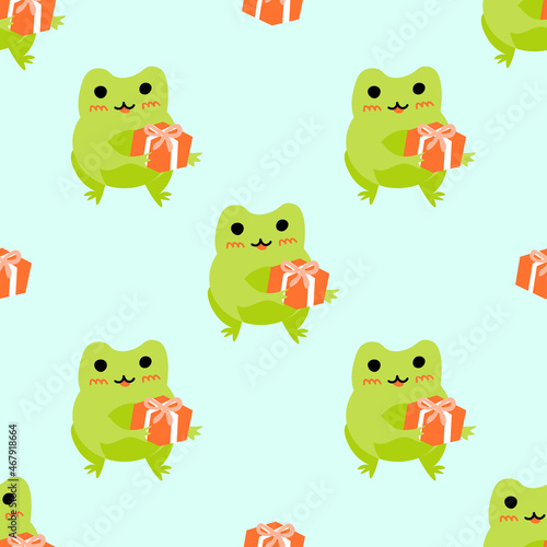 Cute cartoon frogs with gift box. Enamored green toads. Vector animal characters seamless pattern of amphibian toad drawing.Childish design for baby clothes, bedding, textiles, print, wallpaper.