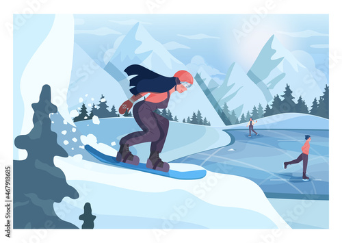 Female character on snowboard, freeriding. Snowboarder riding and jumping
