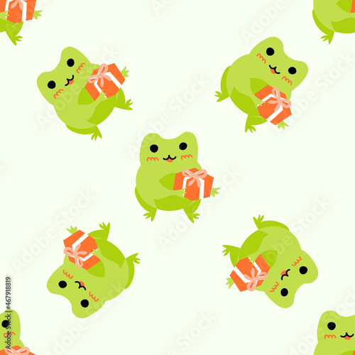 Cute cartoon frogs with gift box. Enamored green toads. Vector animal characters seamless pattern of amphibian toad drawing.Childish design for baby clothes  bedding  textiles  print  wallpaper.