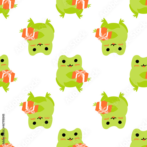 Cute cartoon frogs with gift box. Enamored green toads. Vector animal characters seamless pattern of amphibian toad drawing.Childish design for baby clothes, bedding, textiles, print, wallpaper.