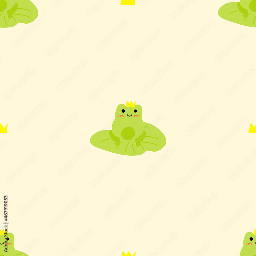 Obraz premium Cute prince frog with crown. Enamored green toads. Vector animal characters seamless pattern of amphibian toad drawing.Childish design for baby clothes, bedding, textiles, print, wallpaper.