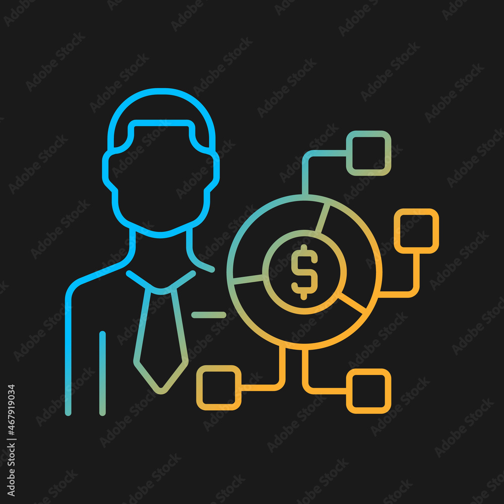 Digital finance expert gradient vector icon for dark theme. Financial field digitalization. Remote services consultant. Thin line color symbol. Modern style pictogram. Vector isolated outline drawing Digital finance expert gradient vector icon for dark theme. Financial field digitalization. Remote services consultant. Thin line color symbol. Modern style pictogram. Vector isolated outline drawing