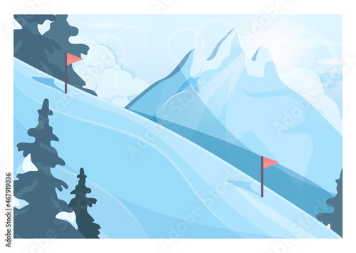 Winter ski resort landscape. Ski and snowboarding paths with ski lift