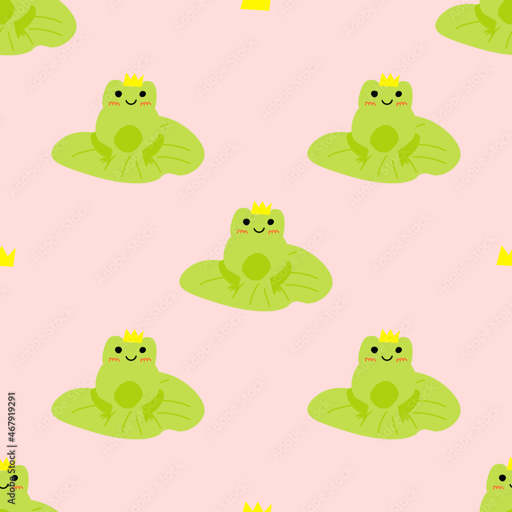 Obraz premium Cute prince frog with crown. Enamored green toads. Vector animal characters seamless pattern of amphibian toad drawing.Childish design for baby clothes, bedding, textiles, print, wallpaper.