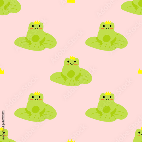Cute prince frog with crown. Enamored green toads. Vector animal characters seamless pattern of amphibian toad drawing.Childish design for baby clothes, bedding, textiles, print, wallpaper.
