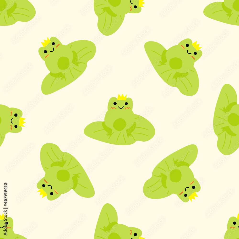 Obraz premium Cute prince frog with crown. Enamored green toads. Vector animal characters seamless pattern of amphibian toad drawing.Childish design for baby clothes, bedding, textiles, print, wallpaper.