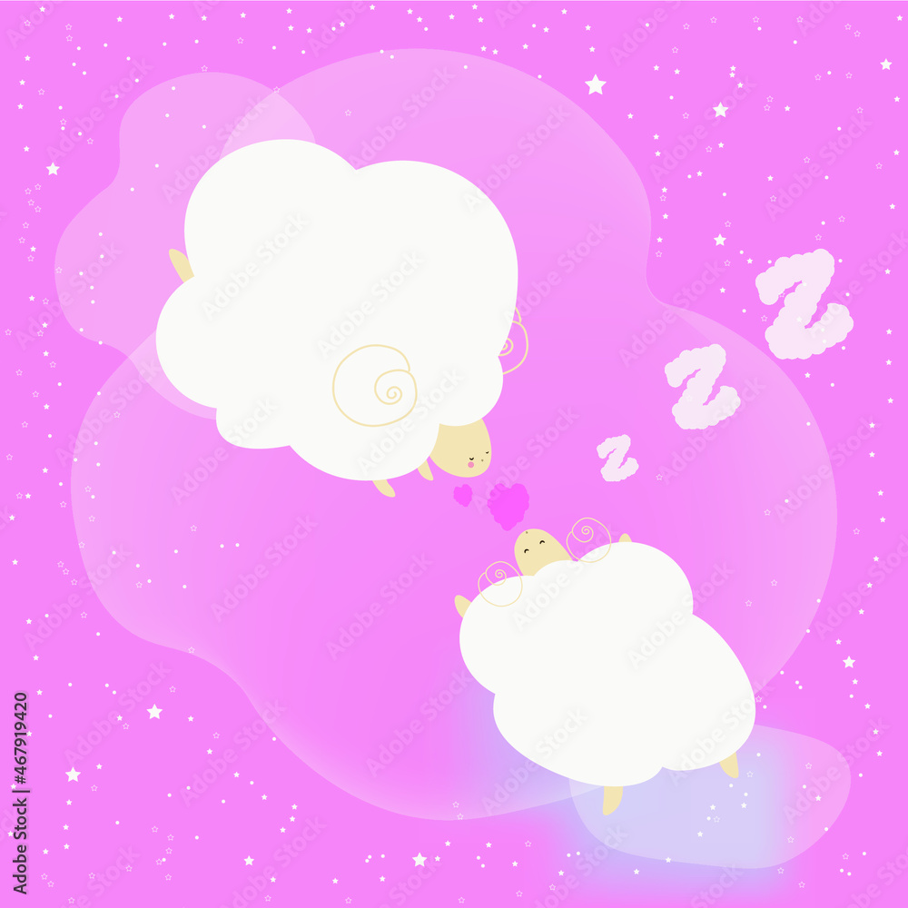 Seamless pattern sleeping sheep. Vector illustration of white sheep on a pink background. Lamb flying in the clouds. Illustration for printing on textiles, glass, paper