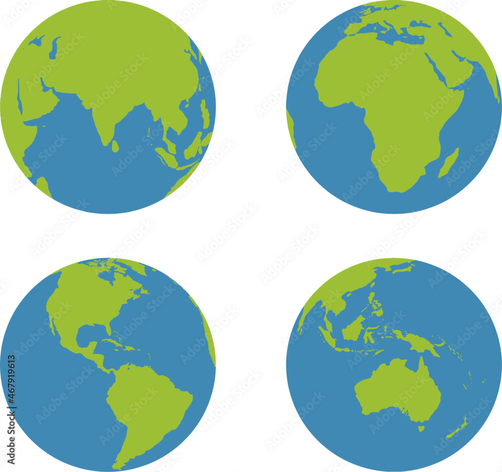 Set of four vector illustrations of earth showing India, America, Africa and Australia.