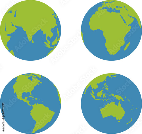 Set of four vector illustrations of earth showing India, America, Africa and Australia.