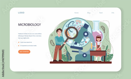 Biology web banner or landing page. Students exploring nature