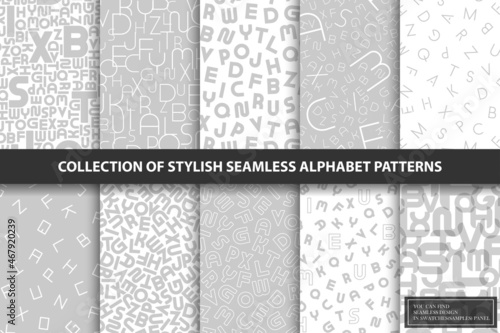 Collection of vector seamless alphabet patterns. Stylish grey backgrounds with latin letters. Trendy textile monochrome textures