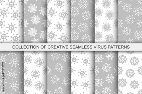 Collection of vector seamless virus patterns - cartoon design. Trendy bacteria repeatable backgrounds. Grey endless textures. Coronavirus, covid - 19 art