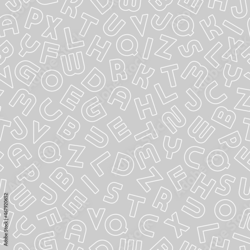 Vector seamless alphabet pattern with white outline latin letters. Grey repeatable unusual background. Can be used like wrapping paper, textile cover, wallpaper or for your other design and ideas