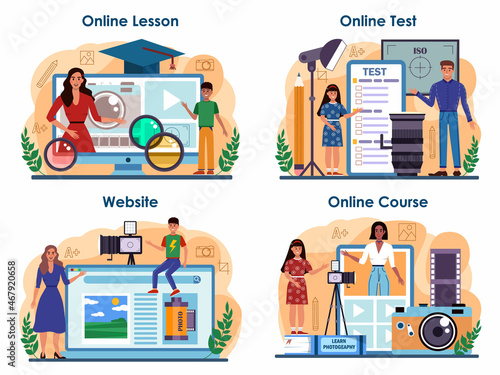 Photography school club or course online service or platform set.