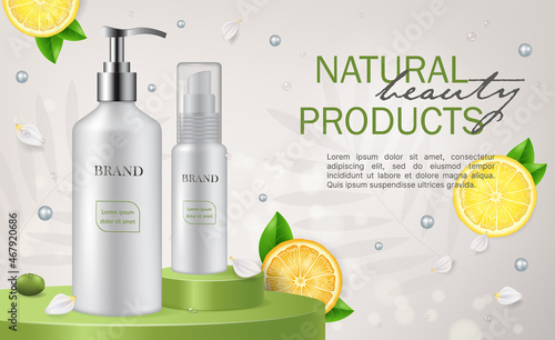 Banner of Natural Cosmetics with fruits, realistic vector illustration