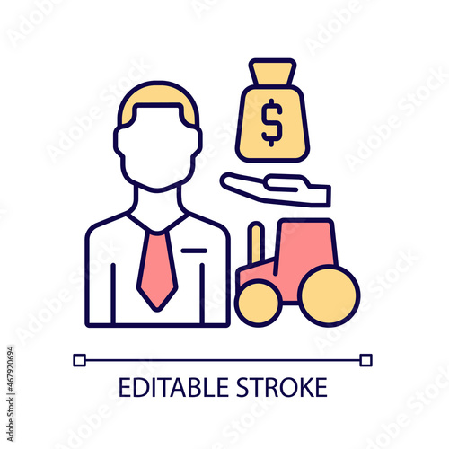 Agricultural lender RGB color icon. Agricultural loan officer. Farm cash manager. Specialist helping farmers obtain credits. Isolated vector illustration. Simple filled line drawing. Editable stroke