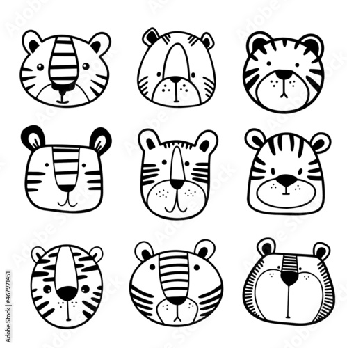 The muzzles of tiger cubs. Symbol of new 2022 year on white background. Vector illustration for postcard, banner, web, decor, design, arts. 