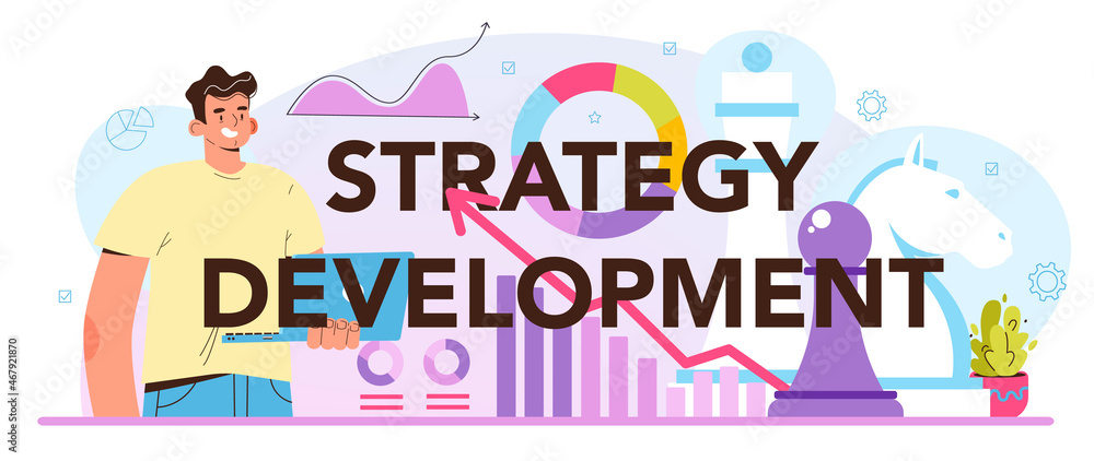 Strategy development typographic header. IT technologies and systems