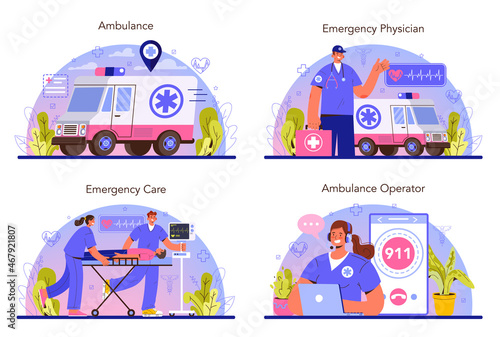 Ambulance concept set. Emergency doctor in the uniform performing