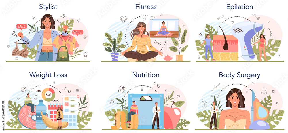 Beauty service and profession set. Beauty salon procedure. Stylist, nutritionist Beauty service and profession set. Beauty salon procedure. Stylist, nutritionist