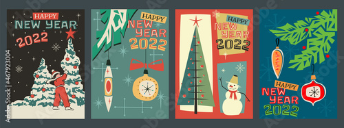 Happy New Year 2022 Greeting Cards, Mid Century Modern Season Holidays Illustrations Style 