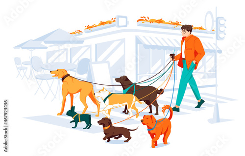 One man walking with different dogs on the street in city. City cafe and frontshop. Colored flat cartoon vector illustration of modern cityscape