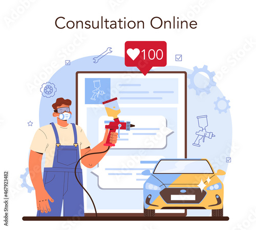 Car service online service or platform. Mechanic in uniform paint