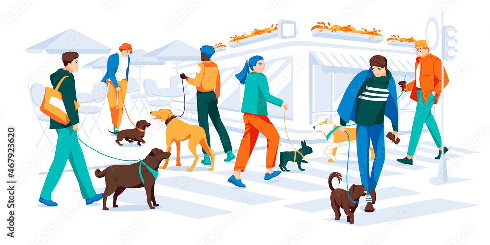 Citizens walking with dogs on the street in city. Busy traffic in megalopolis. City cafe and frontshop. Colored flat cartoon vector illustration of modern cityscape