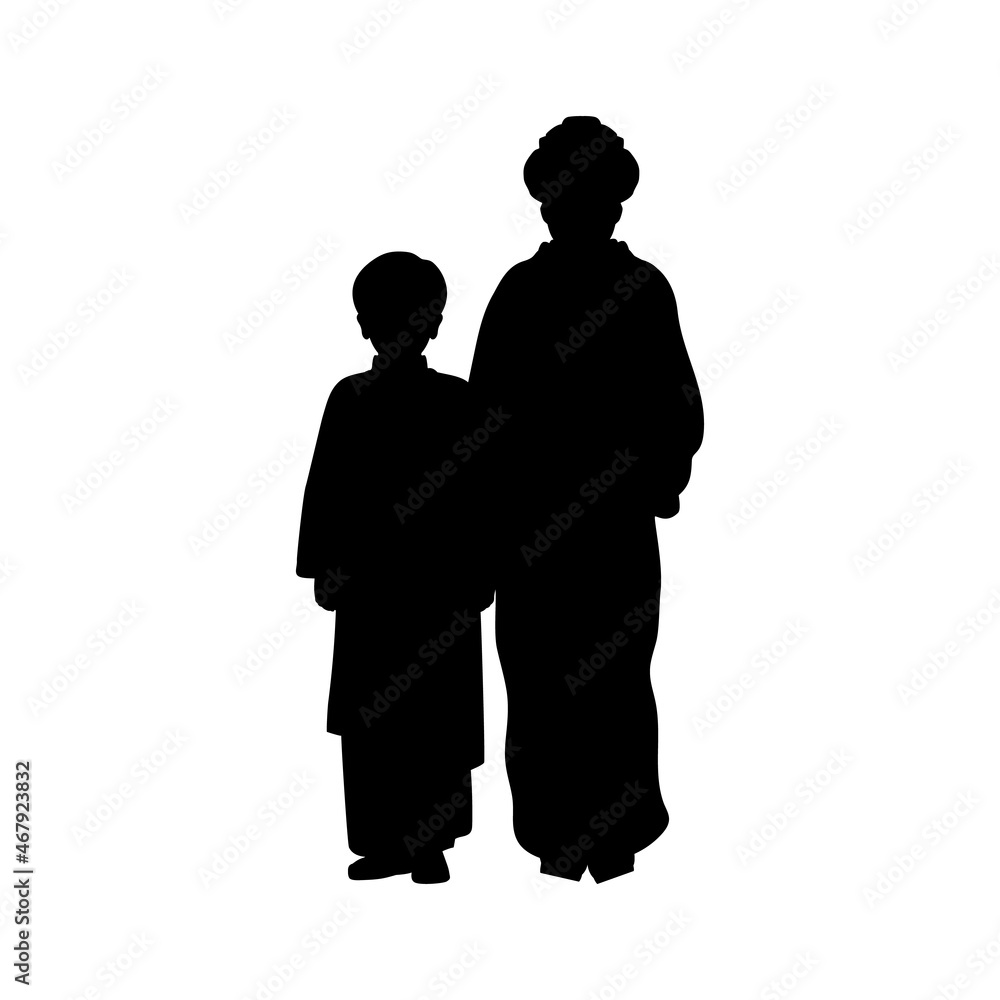 Silhouette of mom with son in national asian costume.