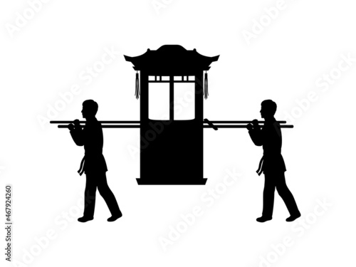 Silhouette traditional Chinese sedan chair carried by porters.