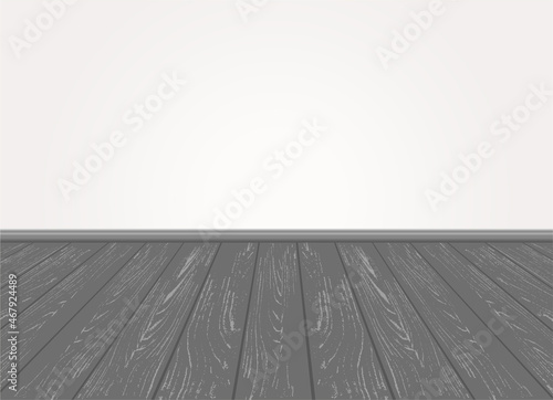 Wooden floor with empty space in perspective. Dark Parquet or laminate with skirting board. Vector realistic room background. Interior template. EPS10. 