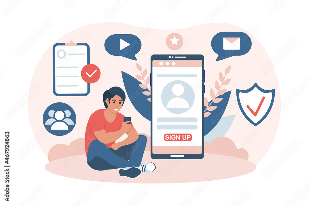 Concept of registration. Man sits and enters personal data into smartphone. Advanced users, online services, authorization. Person registering himself on website. Cartoon flat vector illustration Concept of registration. Man sits and enters personal data into smartphone. Advanced users, online services, authorization. Person registering himself on website. Cartoon flat vector illustration