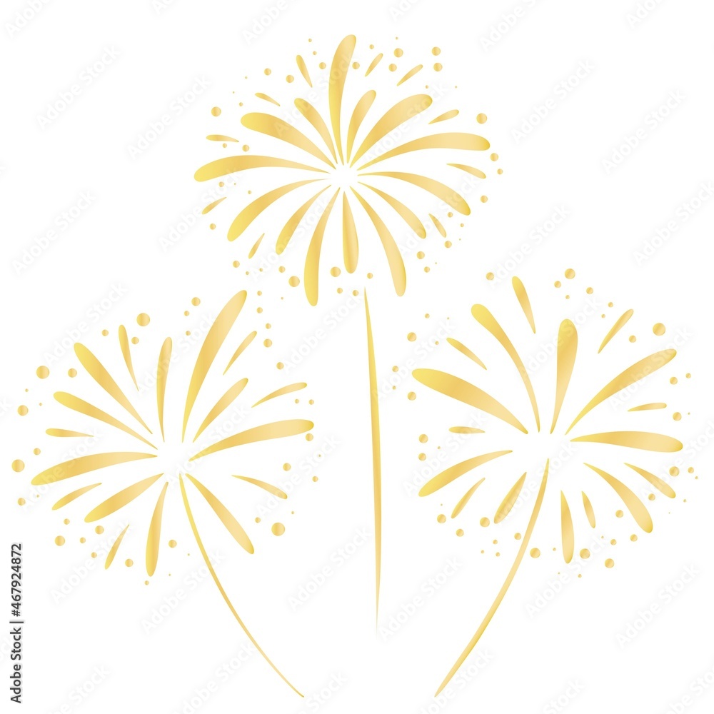 Set of gold fireworks, hand drawing. Festive salute, firecracker cracker. Decoration for new year and christmas, vector illustration.