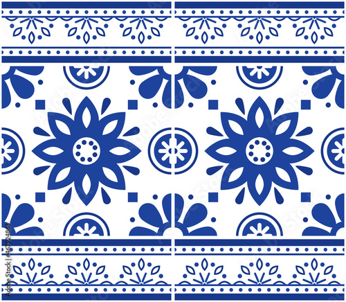 Portuguese Azulejo tiles seamless vector floral pattern with frame or border - decorative tile retro design with flowers in navy blue
