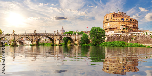 Castle Sant'Angelo and St Peter's Cathedral behind The Aelian Bridge, Rome, Italy