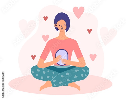 Self love confidence. Girl sits in lotus position and looks at her appearance. Selfsatisfaction, beauty. Mental health, confidence, inner strength, positive character. Cartoon flat vector illustration