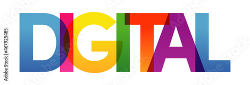 Colored rainbow text. The word DIGITAL. Technologic concept. Vector banner. Corporate concept. Gradient Text. Transparency Letters. Vector illustration