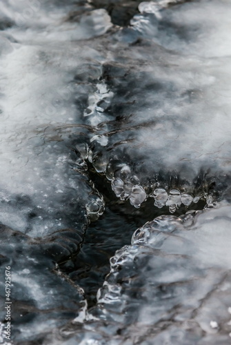 Icicles and frost on a snow-covered frozen river