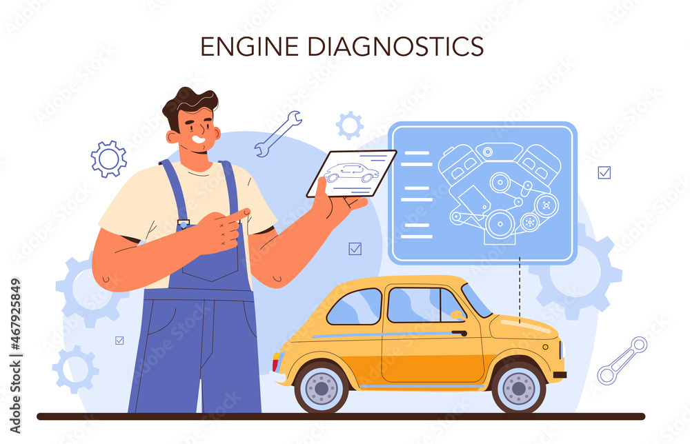 Car repair service. Automobile engine got fixed in car workshop Car repair service. Automobile engine got fixed in car workshop