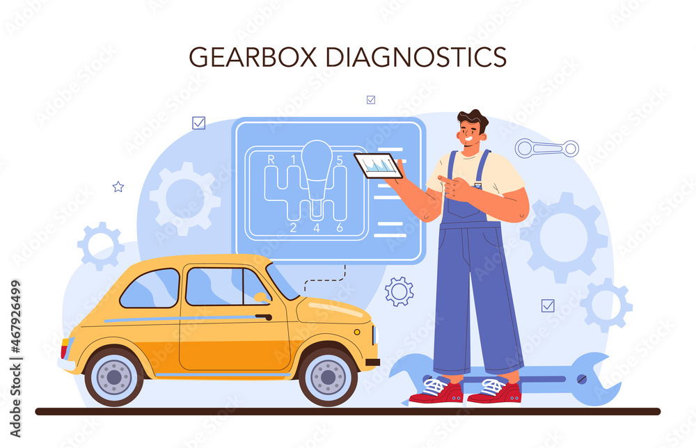 Naklejka premium Car repair service. Automobile gearbox got fixed in car workshop