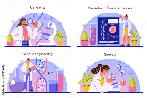 Geneticist concept set. Medicine and science technology. Scientist work with DNA