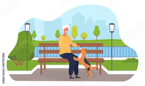 Old man in park. Character sits on bench with dog. Pensioner resting on air. Nature, outdoor. Man walking with his pet, rest, vacation. Animal, city, wildlife. Cartoon flat vector illustration