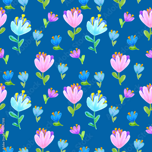 Seamless pattern of flowers drawn with markers on a blue background. For fabric, sketchbook, wallpaper, wrapping paper.