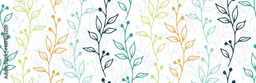 Berry bush branches botanical vector seamless ornament. Elegant herbal fabric print. Herb plants foliage and bloom wallpaper. Berry bush twigs linear endless pattern