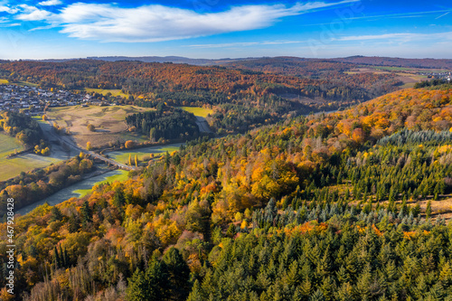 Bird's-eye view of the autumn-colored valley of the Aar in Taunus / Germany 