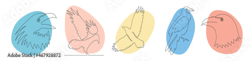 Ravens one-line set, crows hand drawn continuous contour. Doodle, sketch style, minimalism. Croaking ominous prophet, symbol of wisdom.Decoration for Halloween. Isolated. Vector illustration
